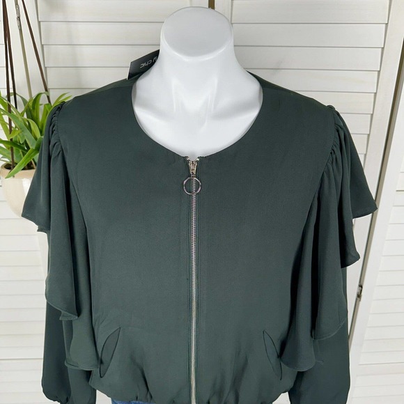 New City Chic‎ Soft Ruffled Utility Jacket Army Green Zip Up Bomber Size S / 16 - Picture 2 of 8